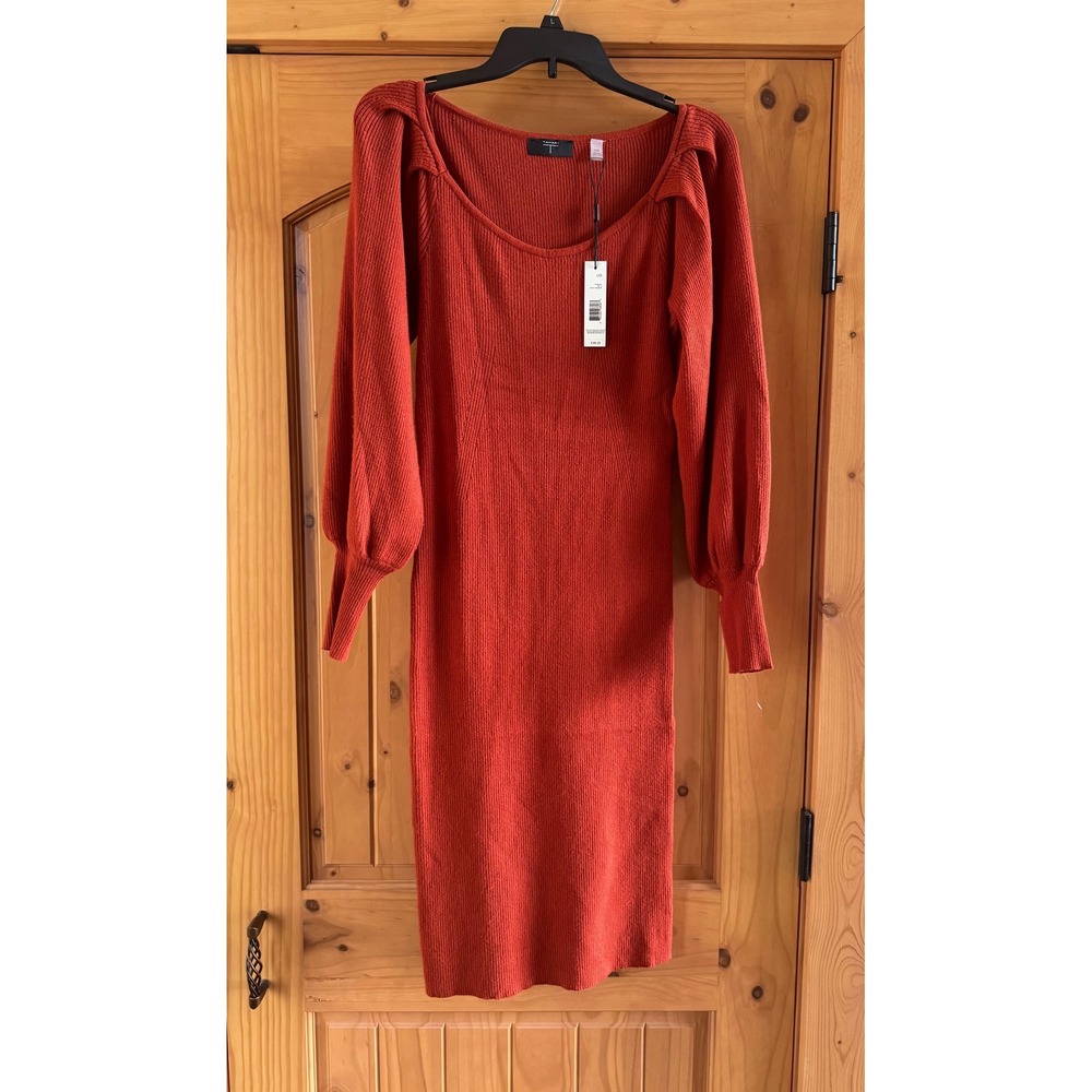 NWT Tahari Spicy Orange Ribbed Knit Midi Dress Puff Sleeve Scoop Neck TD204001 - Picture 2 of 4